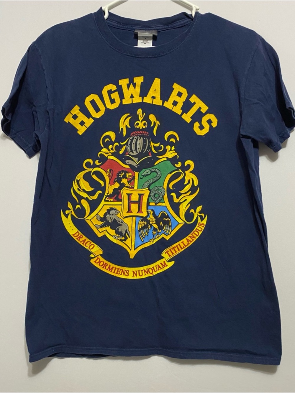 Harry Potter Shirt Womens Medium Blue Hogwarts Spell Out Movie Graphic Tee